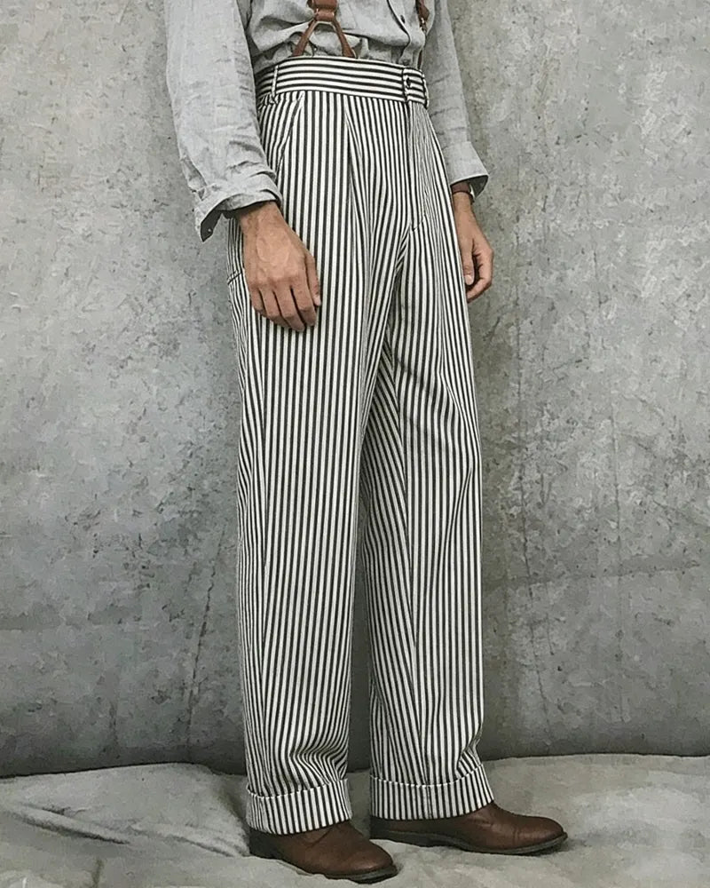 Vintage Black©\White Railroad©\Stripe High©\Waist Pleated Wide©\Leg Trousers