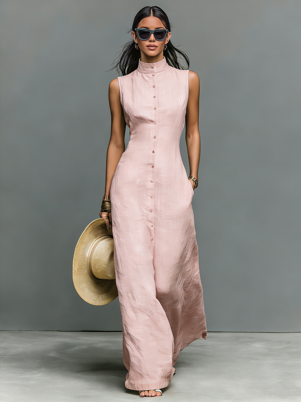 Stand-Collar Linen Maxi Dress