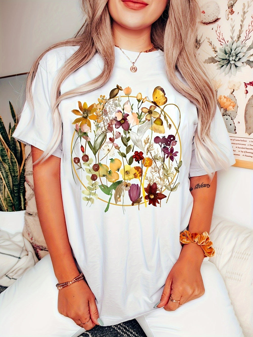 Floral Print Crew Neck T-shirt, Casual Short Sleeve Top, Women's Clothing