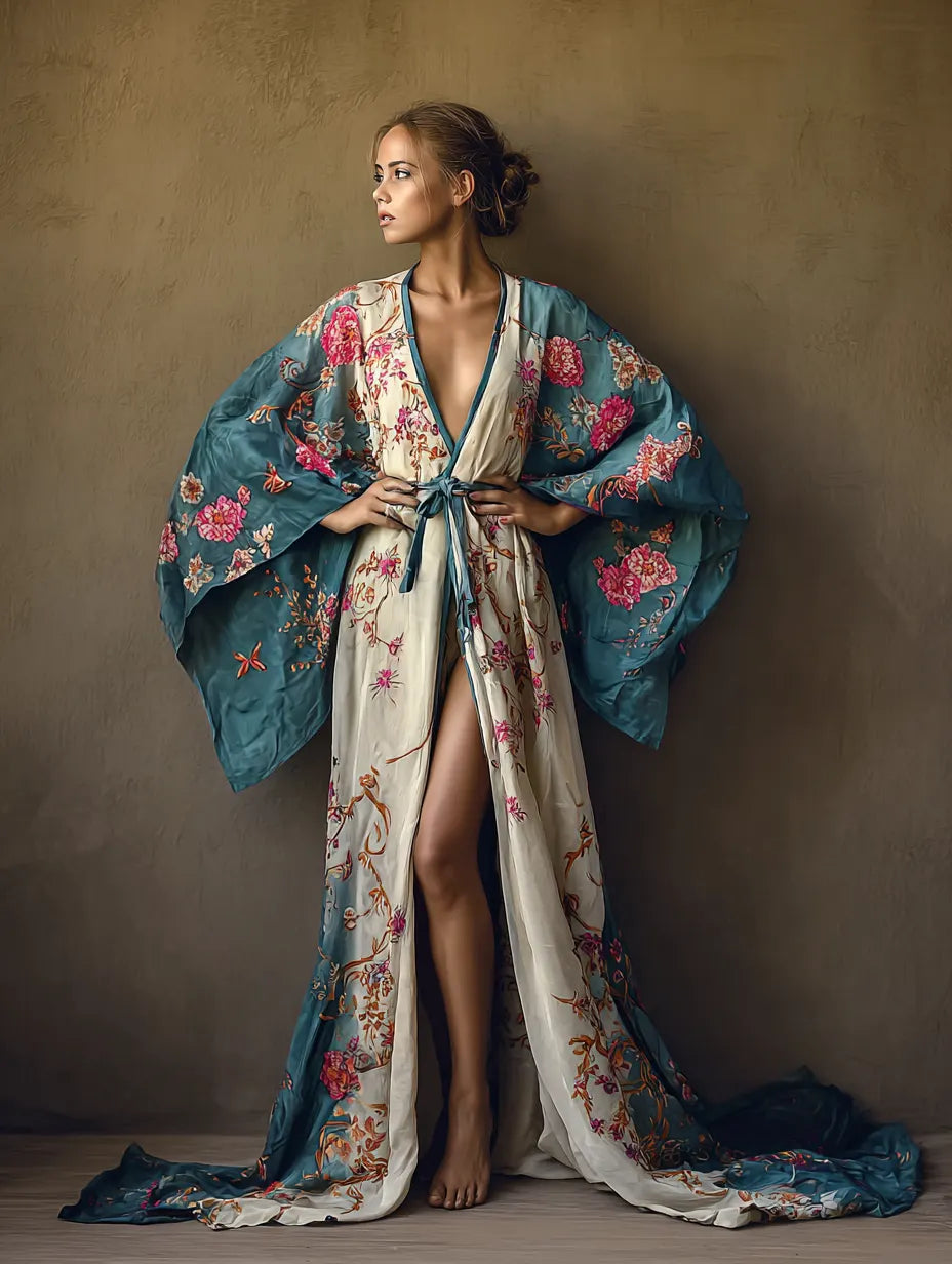 Women's Flower Kimono Linen Robe (Including Belt)