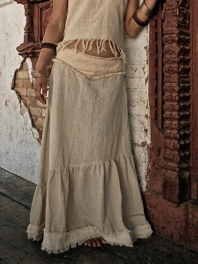 Cotton Linen Maxi Skirt with Raw Hem and Patchwork Detail