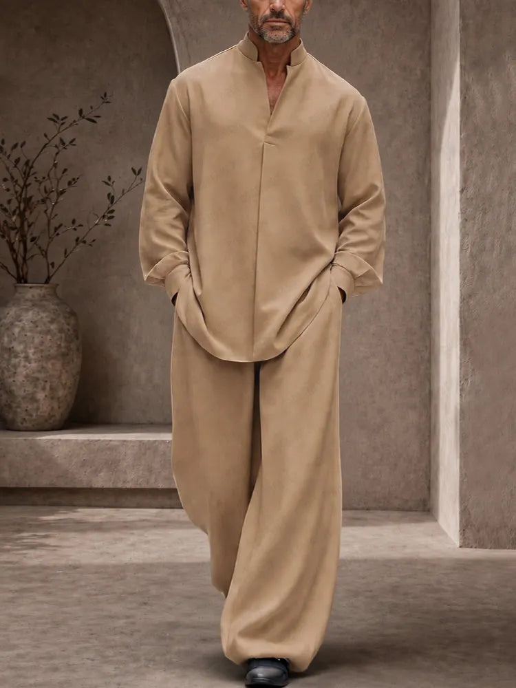 Casual Loose Button Accents Sleeve Shirt Pants Set