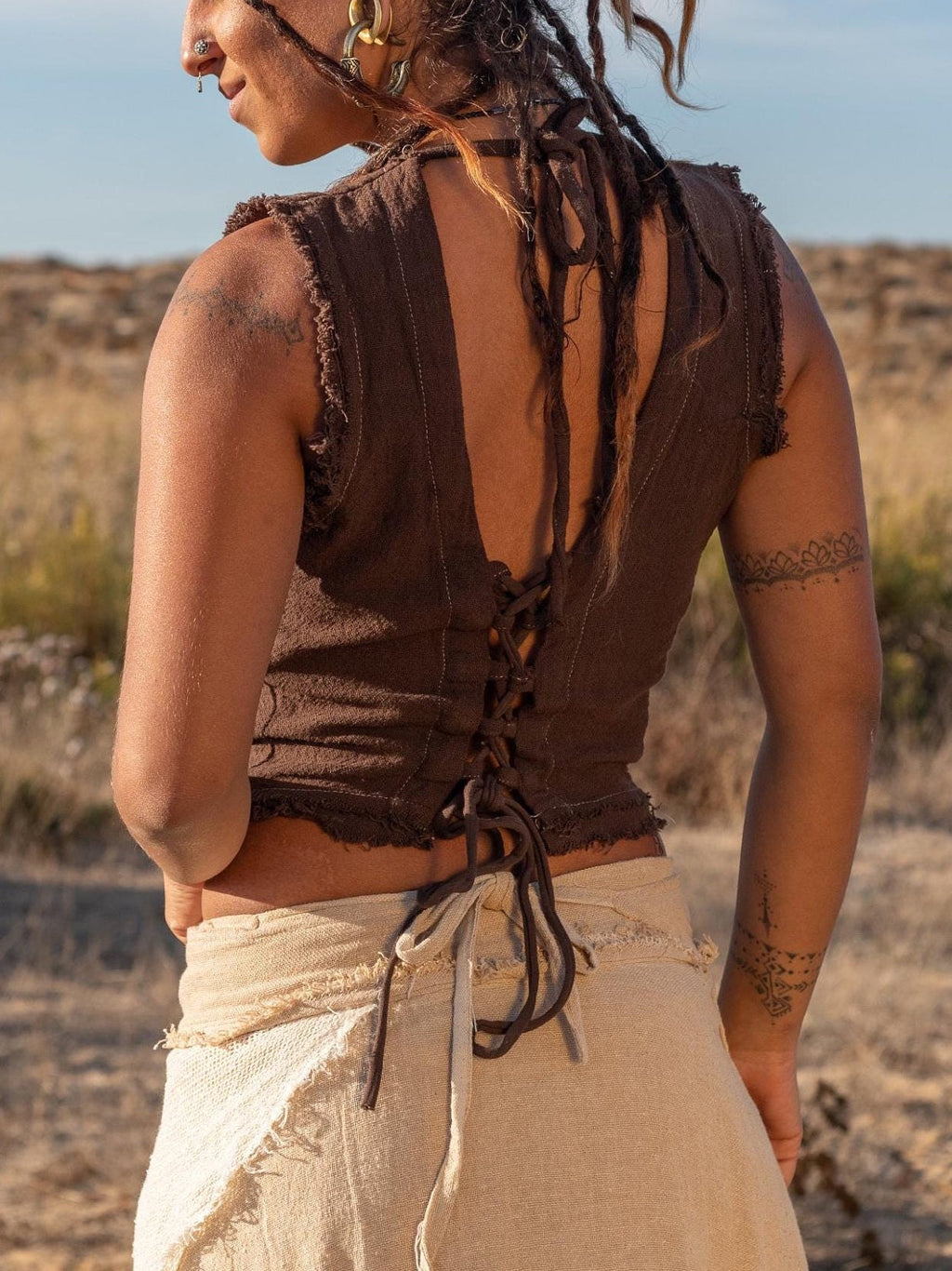 Cotton Crop Top With Lace Up Back - Natural Boho Tank
