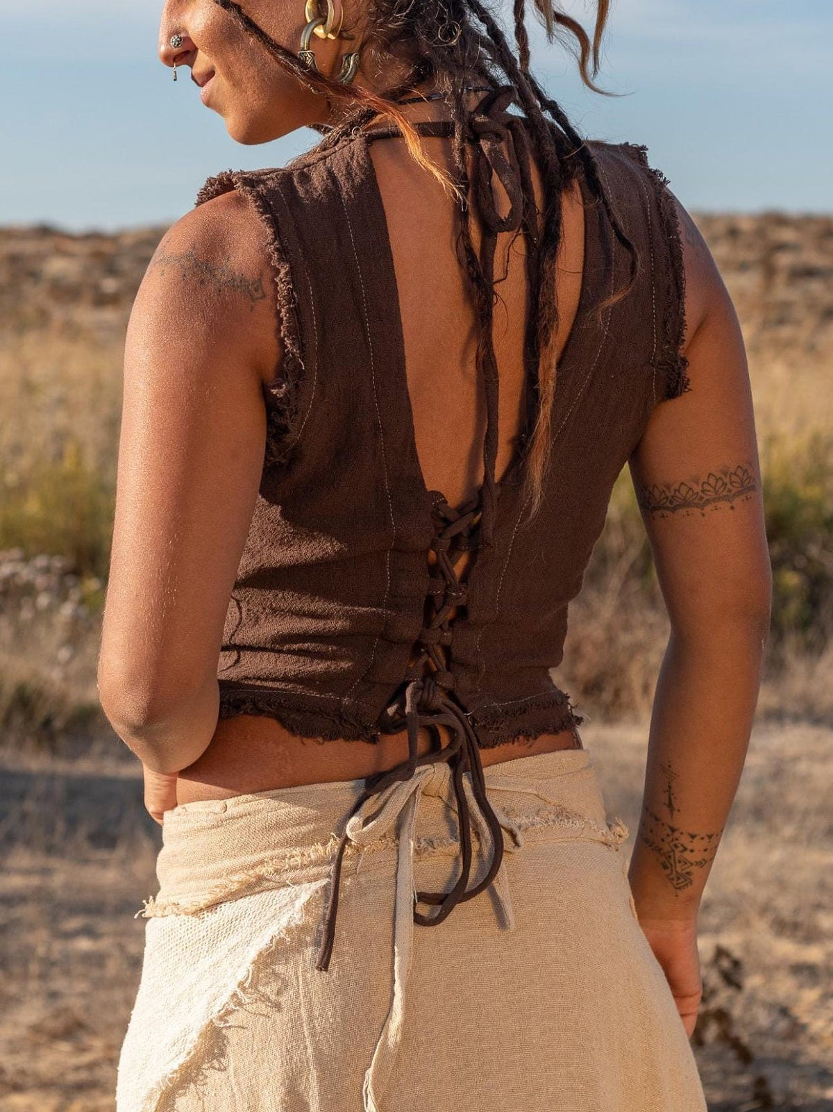 Cotton Crop Top With Lace Up Back - Natural Boho Tank