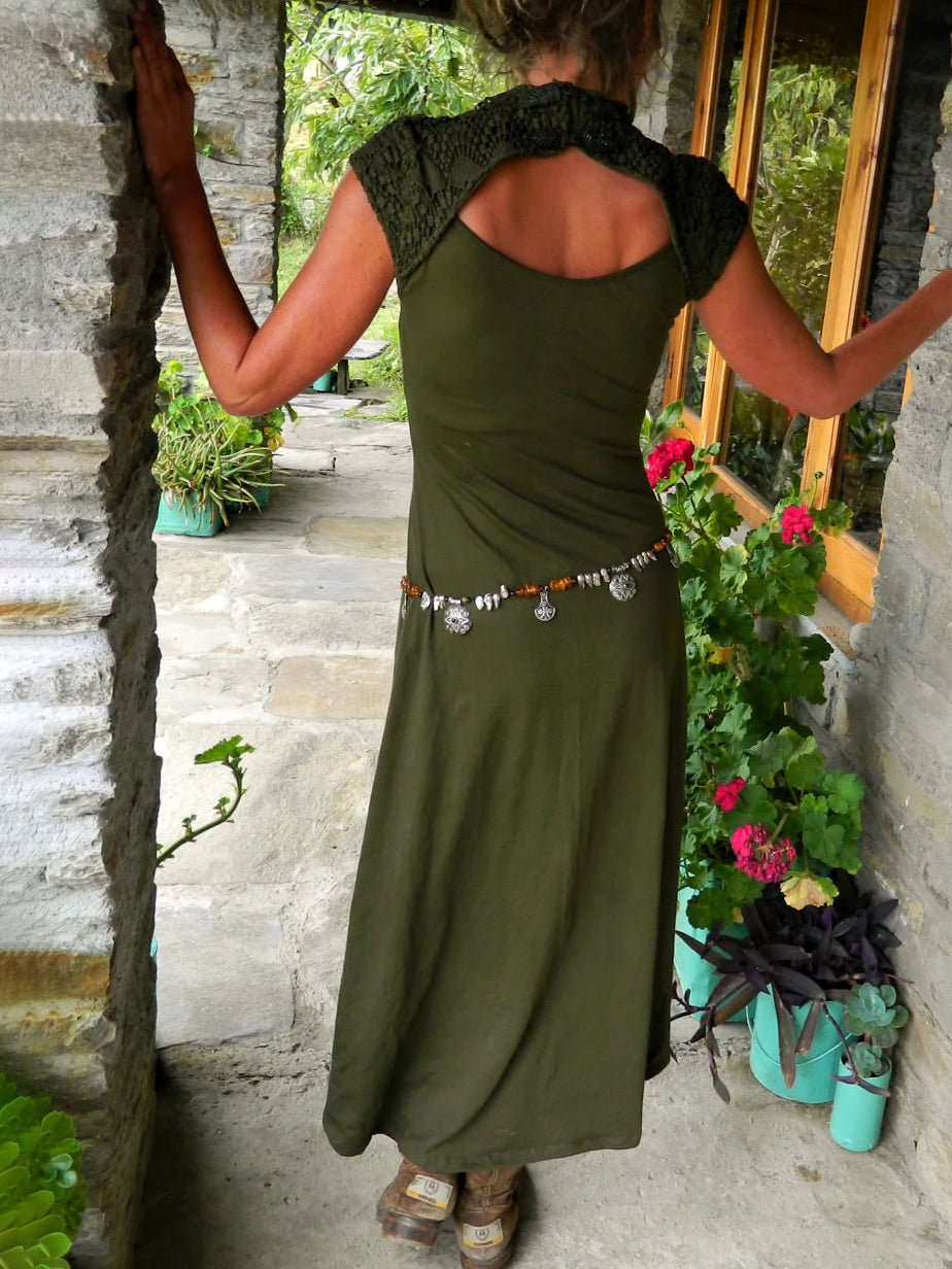 Asymmetric Midi Dress with Cutout Cape and Patchwork Detail