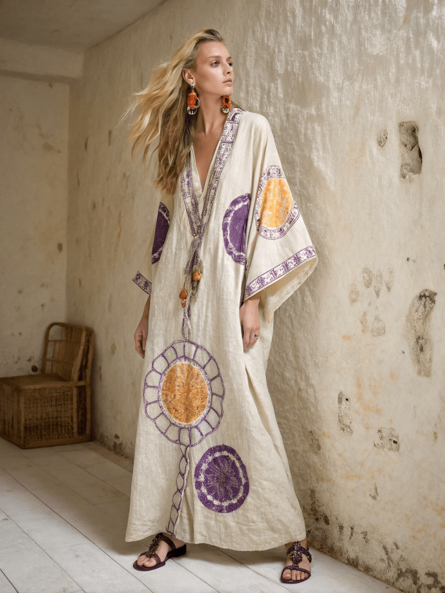 Linen Printed Kaftan Maxi Dress