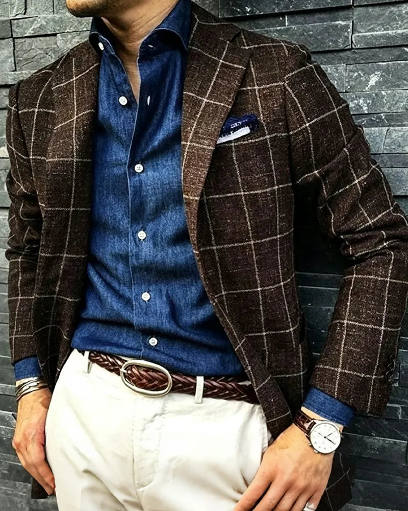 Retro Brown Checkered Single-breasted Casual Blazer