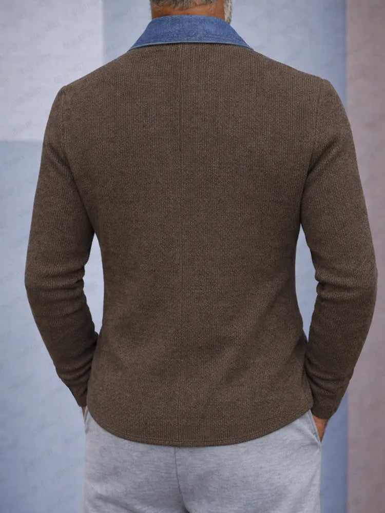 Stylish Contrast Denim Panel Knit Blazer