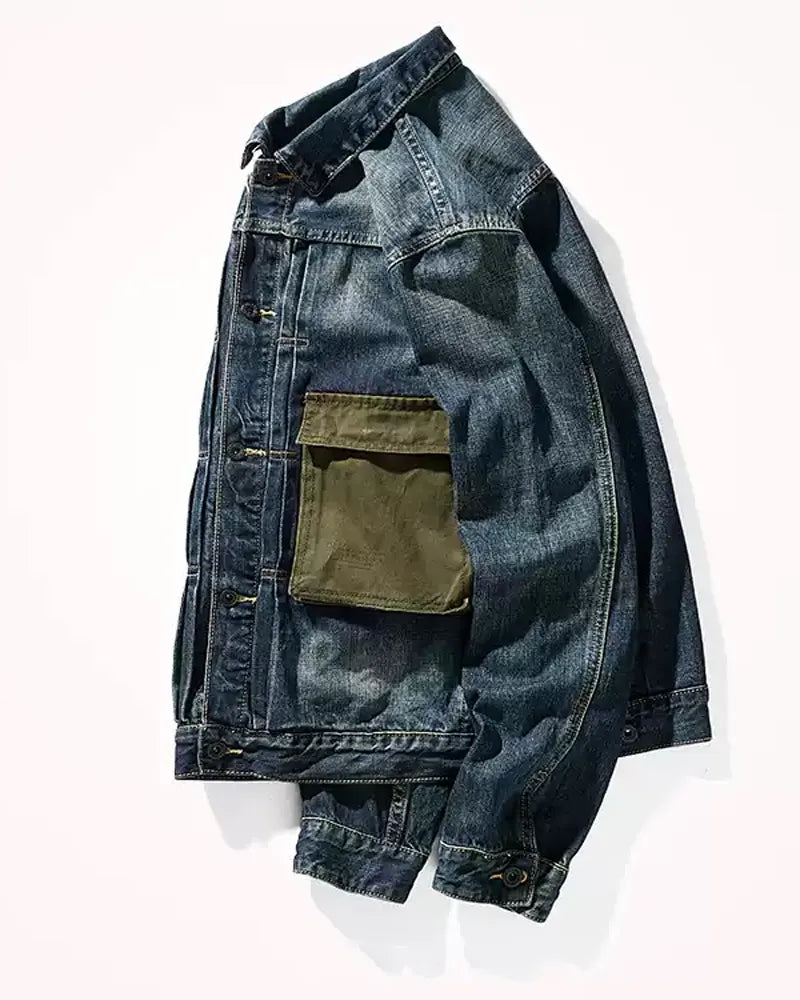 Vintage Asymmetric Canvas Patch Pocket Utilitarian Denim Jacket