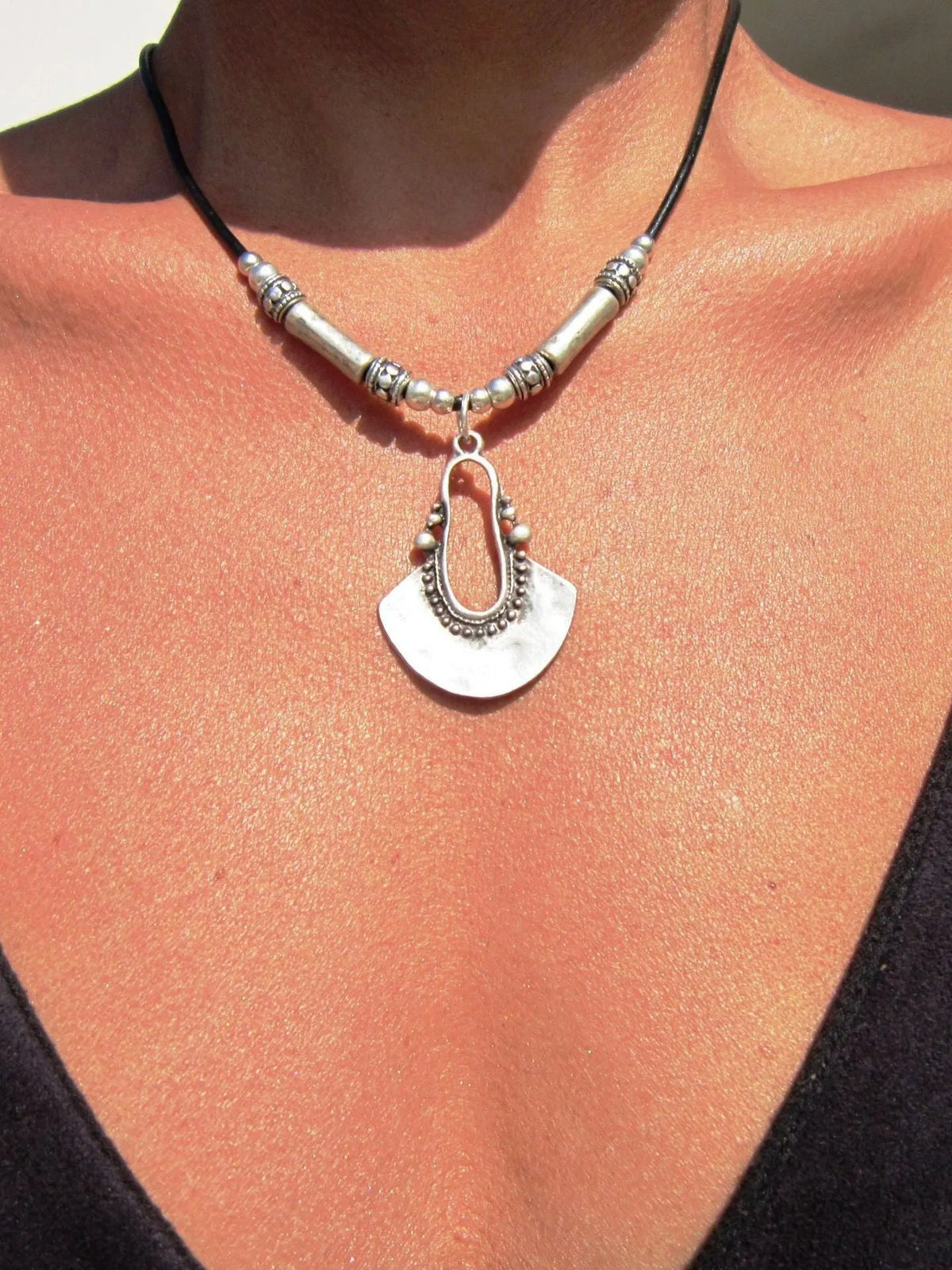 Vintage Geometric Leather Cord Pendant Necklace