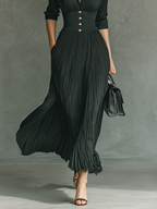 Solid Color Pleated Lapel Waist Long Sleeve Maxi Dress