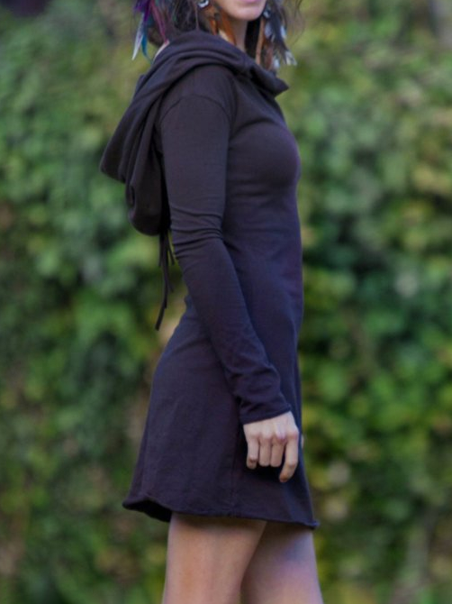Hooded A-Line Mini Dress with Cowl Neck and Long Sleeves