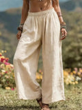 Natural Linen Elastic Waist Wide Leg Pants