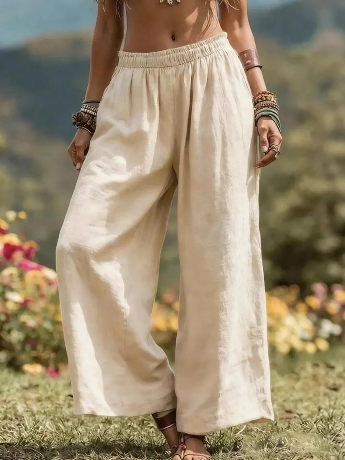 Natural Linen Elastic Waist Wide Leg Pants