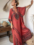 Women's Line Abstract Printed Cotton and Linen V-Neck Kaftan Dress