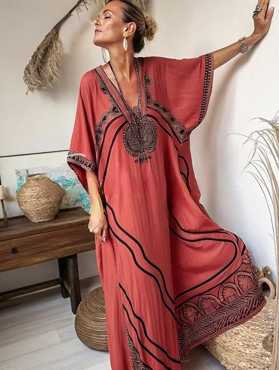Women's Line Abstract Printed Cotton and Linen V-Neck Kaftan Dress