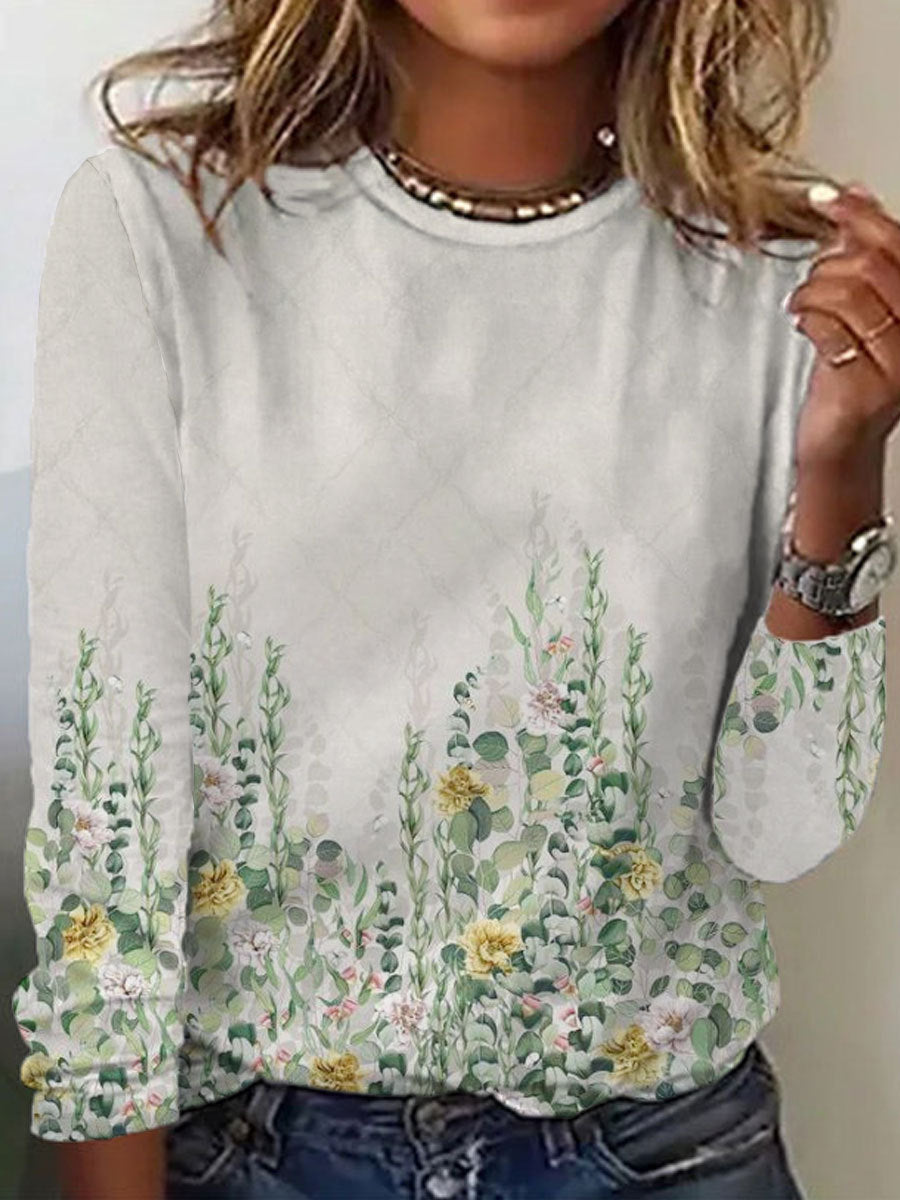 Women's Long Sleeve Fashion Printed Round Neck Casual T-Shirt