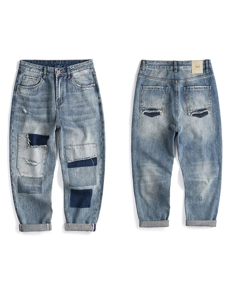 Vintage Faded Patchwork Distressed Loose Work Jeans