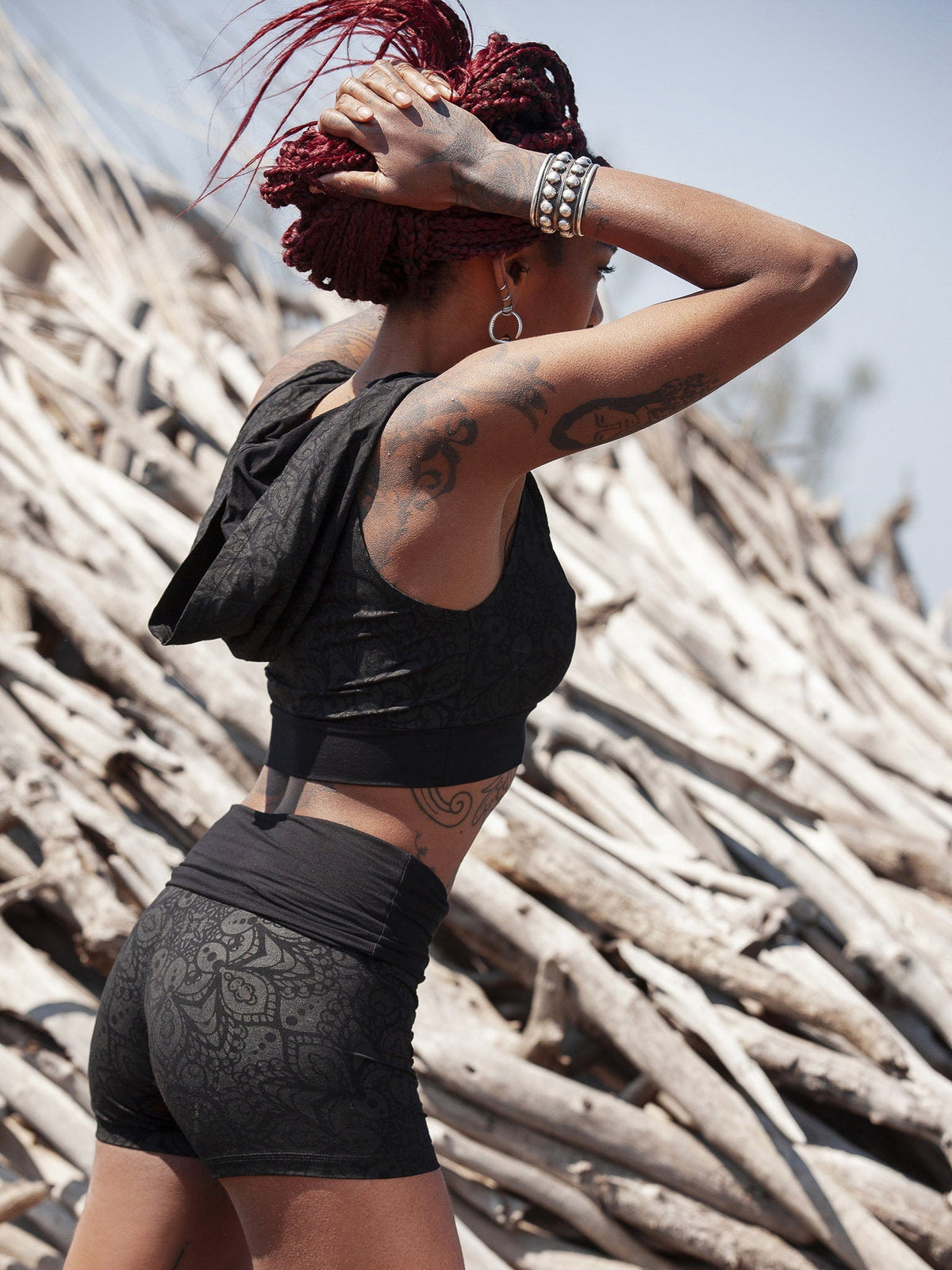 Mandala Print Hot Pants, Foldable Waistband Yoga Shorts