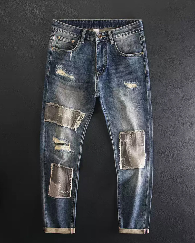 Vintage Frayed Patchwork Distressed Relaxed Tapered Denim Jeans