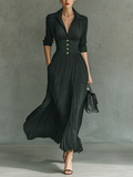 Solid Color Pleated Lapel Waist Long Sleeve Maxi Dress