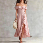 Women's Summer Cotton Off Shoulder Ruffled Ruched Flowy Maxi Dress