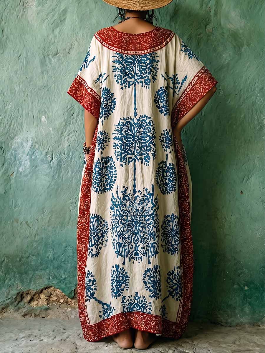 Women's Vintage-print V-neck 3/4-sleeve Casual Loose Cotton-linen Dress