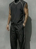 Athletic Contrast Color Ribbed Collar T-shirt Pants Set