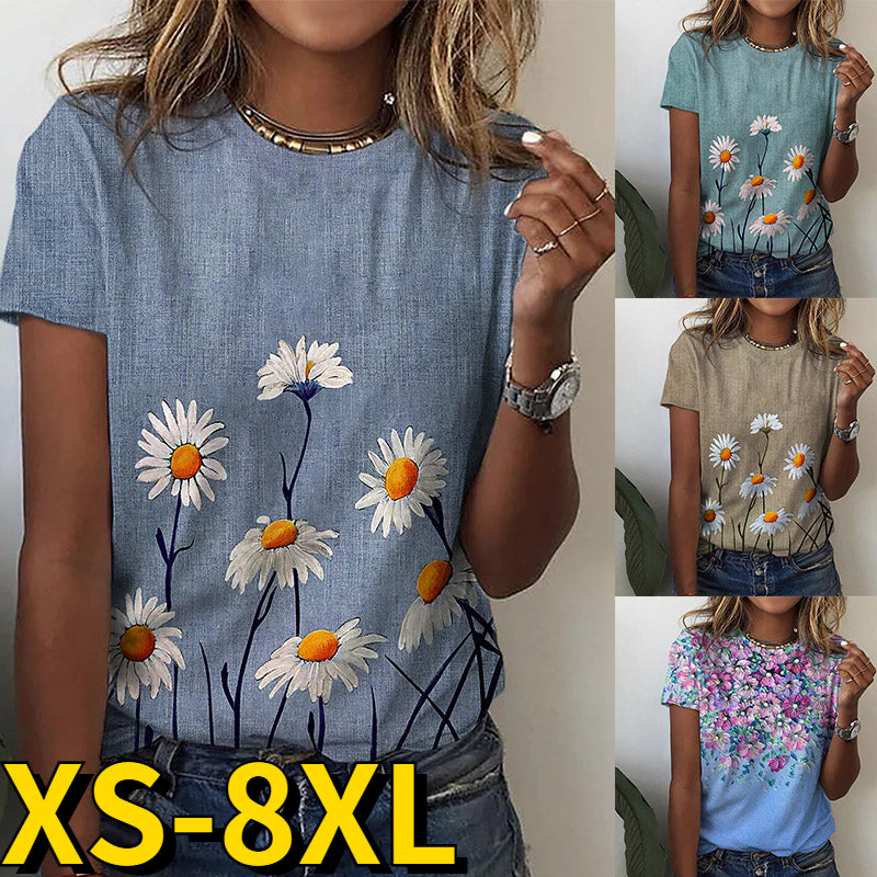 Floral Round Collar Print Pullover T-Shirt