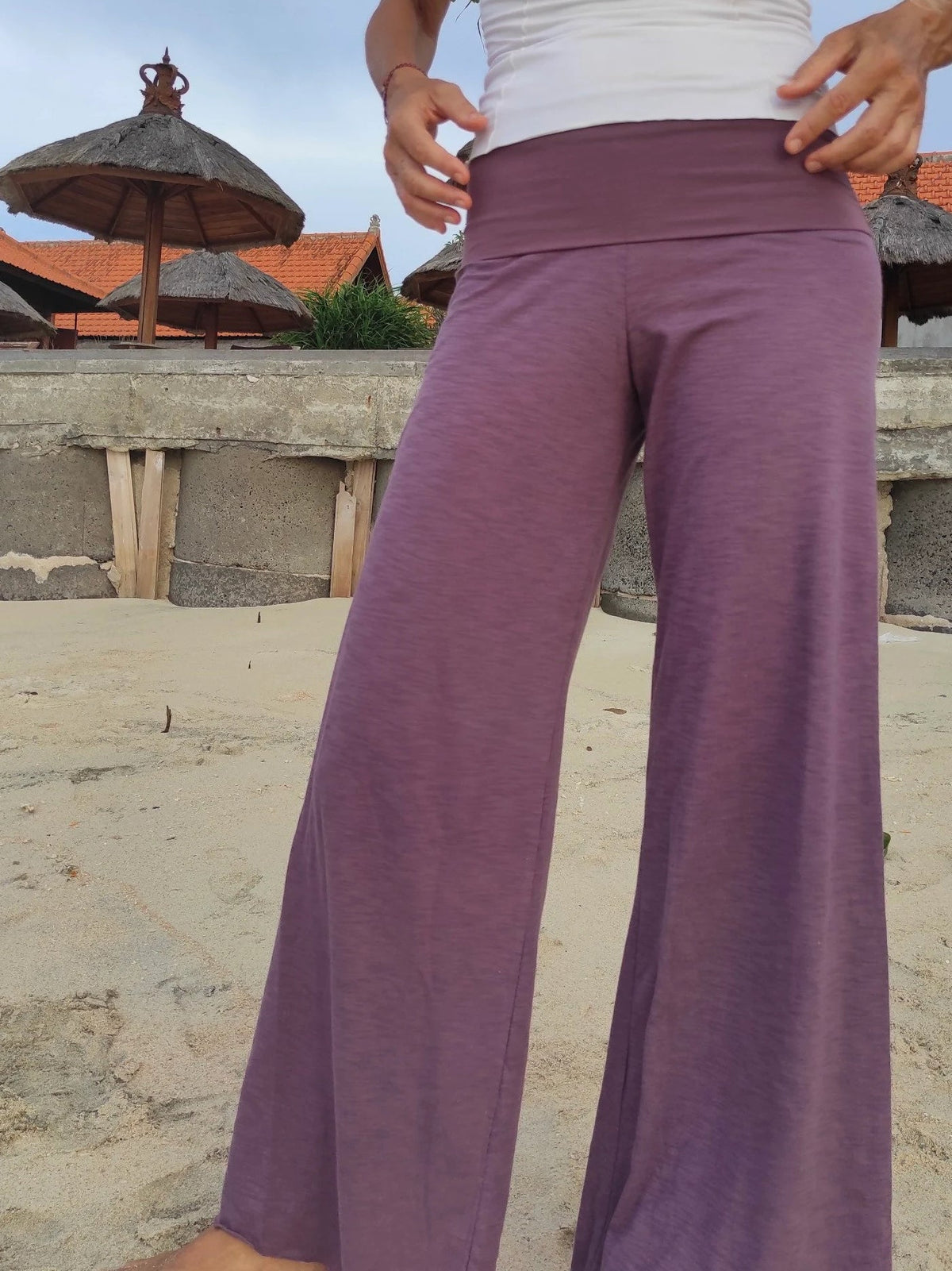 Wide Legs Relaxed Fit Pants, Fold Over Band Yoga Pants