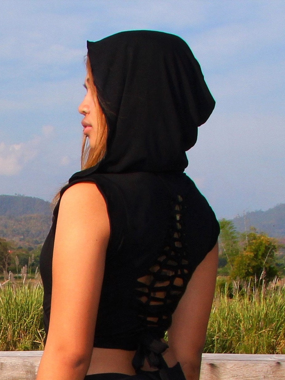 Hooded Wrap Vest: Hoodie Sleeveless Crop Wrap Top