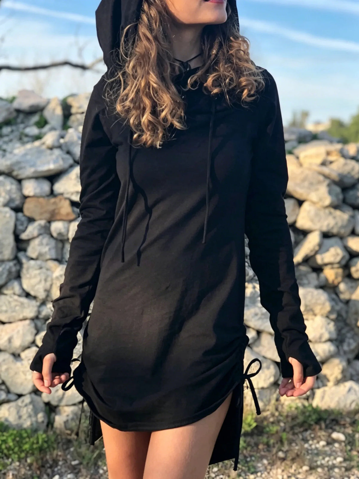Cowl Neck Hoodie Dress: Long Sleeve Cotton Rave Dress