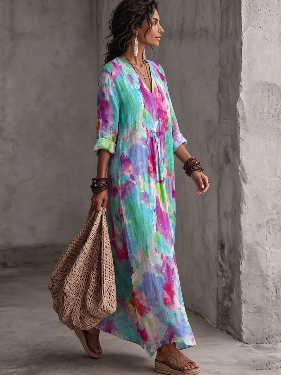 Glamorous Artistic Watercolor Cotton-linen Dress