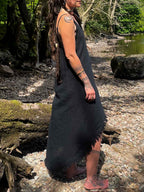 Fringe Linen Maxi Dress: Asymmetric Boho Festival Clothing