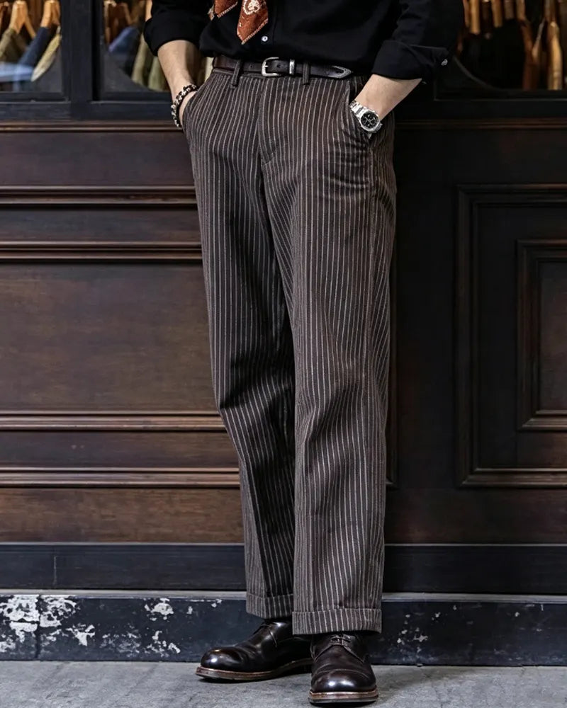 Vintage Dark Brown Pinstripe High Waist Pleated Cuffed Straight©\Leg Trousers