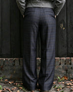 Vintage Pleated Dark Navy Charcoal Plaid Wide Leg Trousers