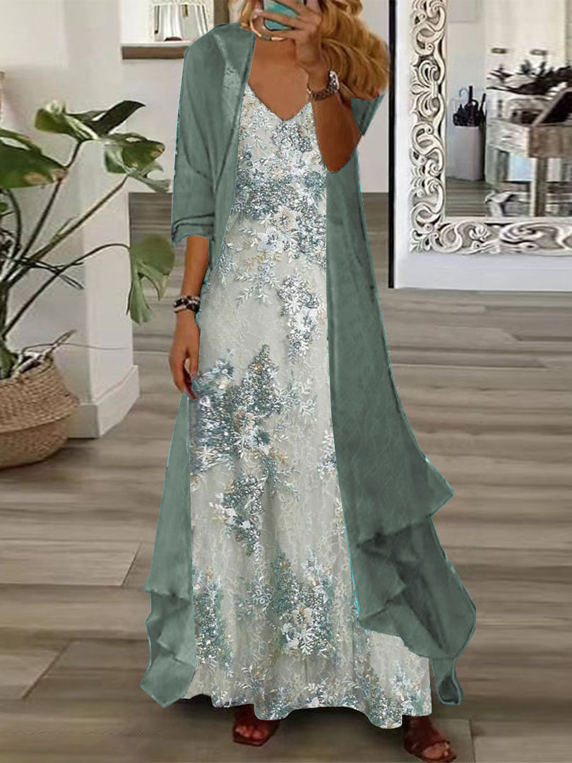 Nextmacys-Women's Long Sleeve V-neck Floral Printed Two Pieces Maxi Dress