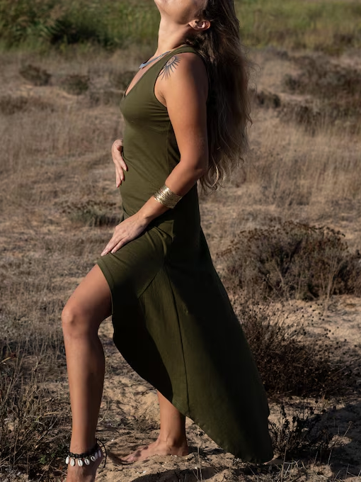 Boho Goddess Maxi Dress: High Low Hem, Festival Elven Gown