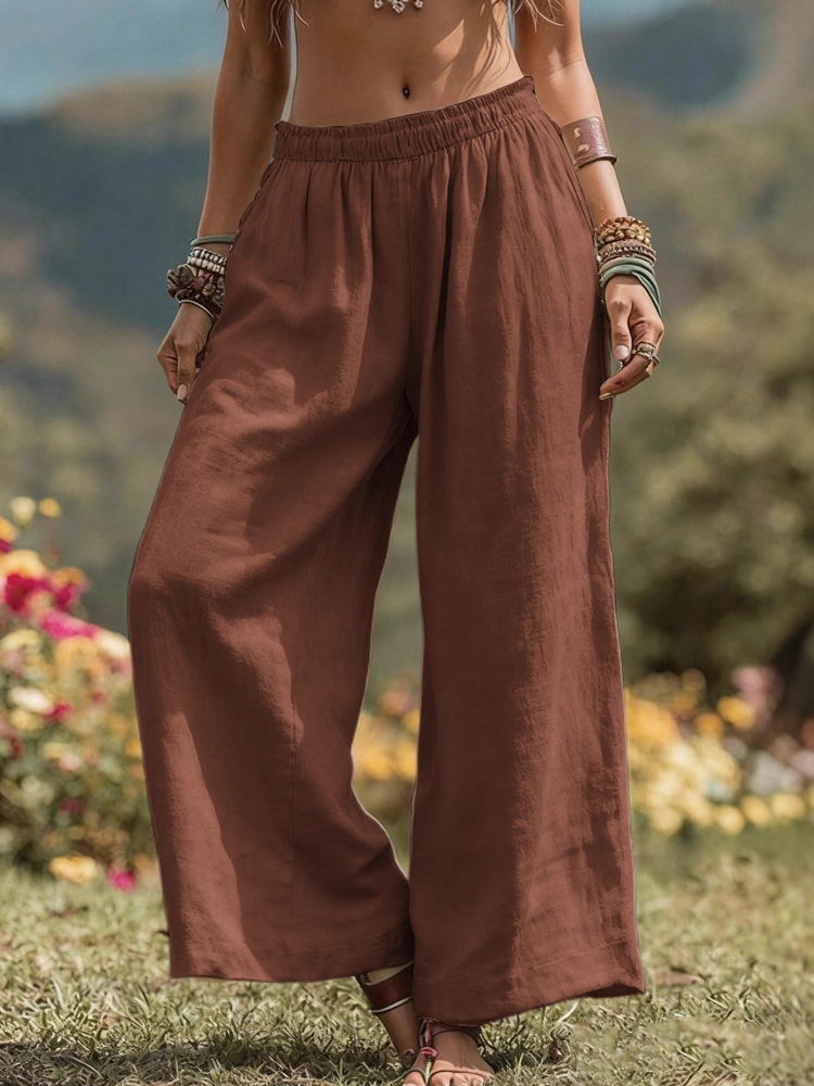 Natural Linen Elastic Waist Wide Leg Pants