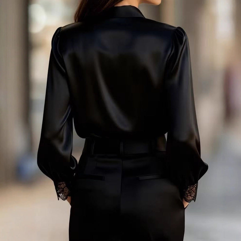 Fashion Patchwork Lace V-neck Puff Sleeve Shirt