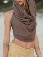 Festival Natural Cotton Hooded Top, Backless Boho Pixie Clothing