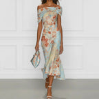 Elegant Off Shoulder Short-sleeved Floral Dress