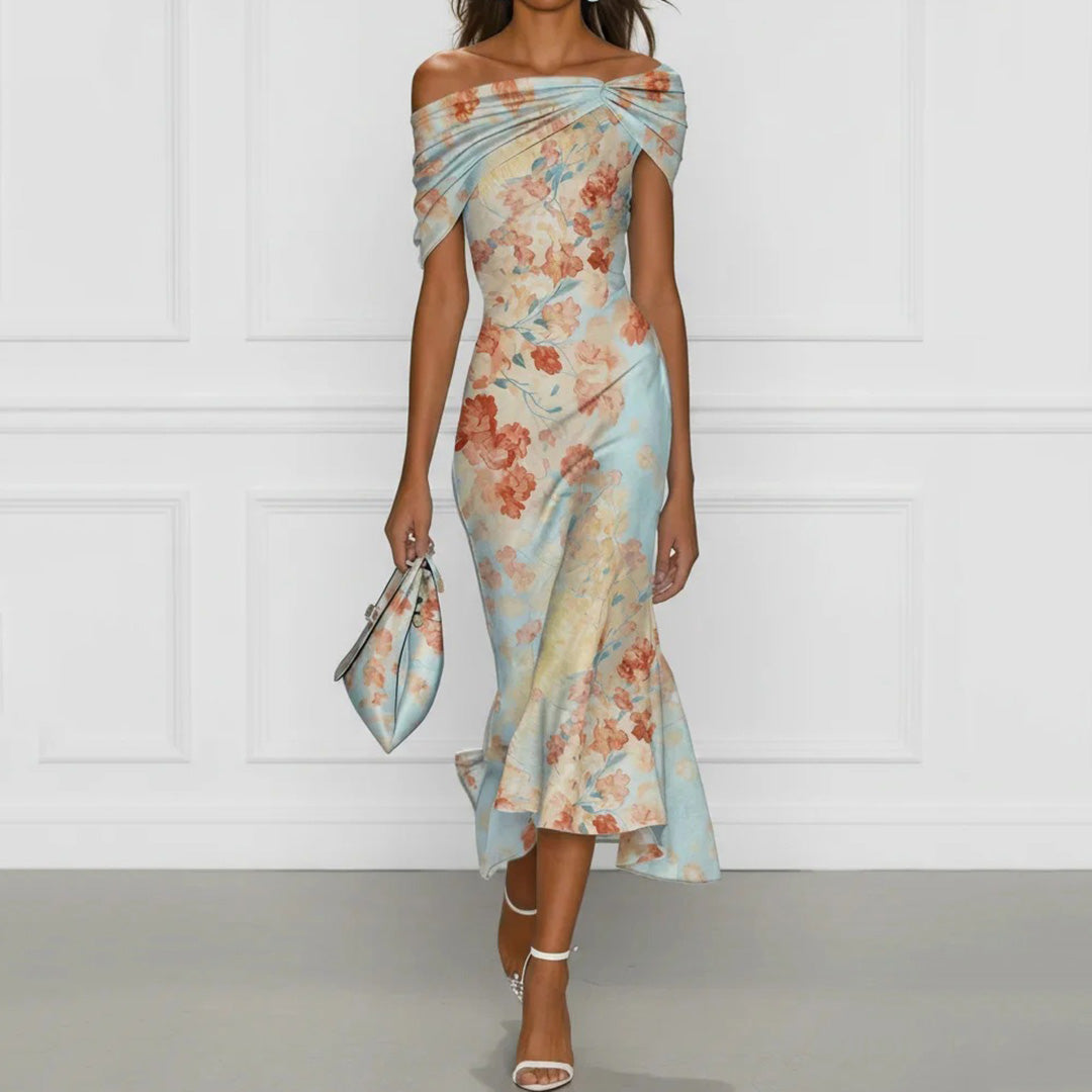 Elegant Off Shoulder Short-sleeved Floral Dress