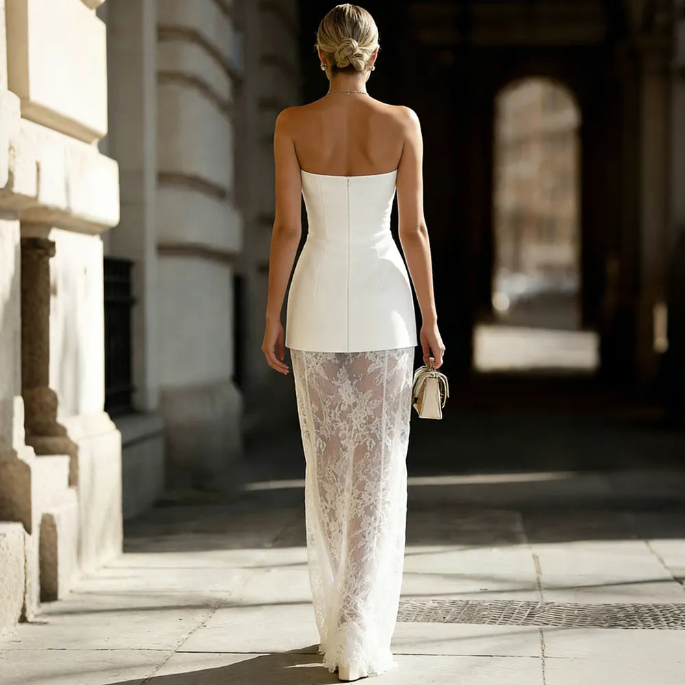 Elegant Strapless Vest & Lace Skrit Two Piece Set