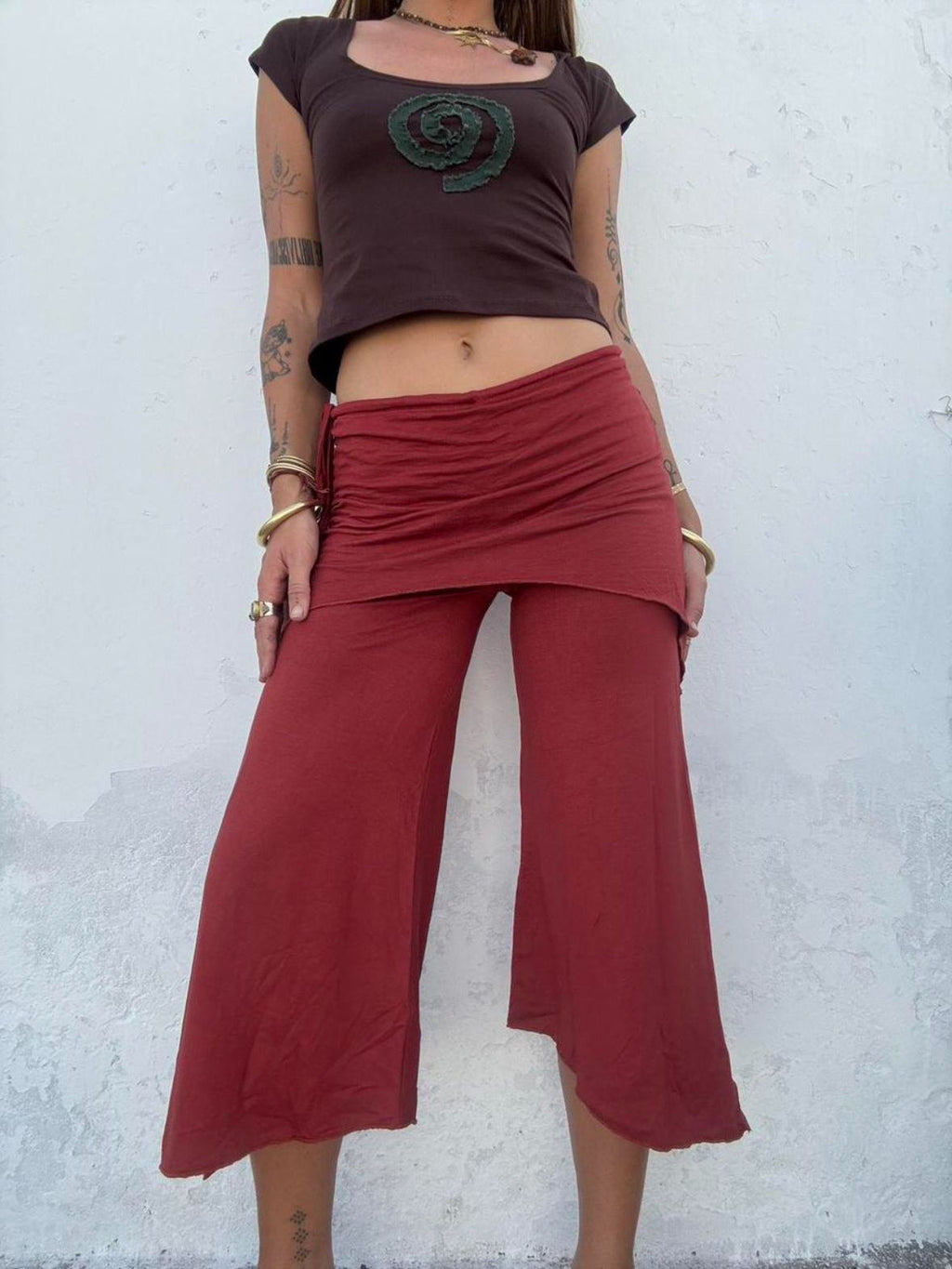Drawstring Faux Two-Piece Asymmetric Cropped Wide Leg Pants
