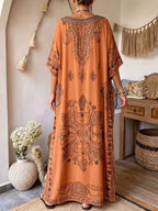 Women's Casual Loose Cotton-linen Dress With Placement Print V-neck, And 3/4 Sleeves