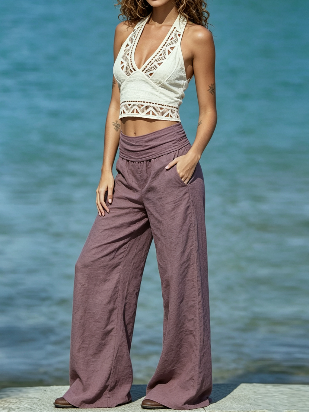 Bohemian Deep V Halter Neck Ethnic Print Cropped Top