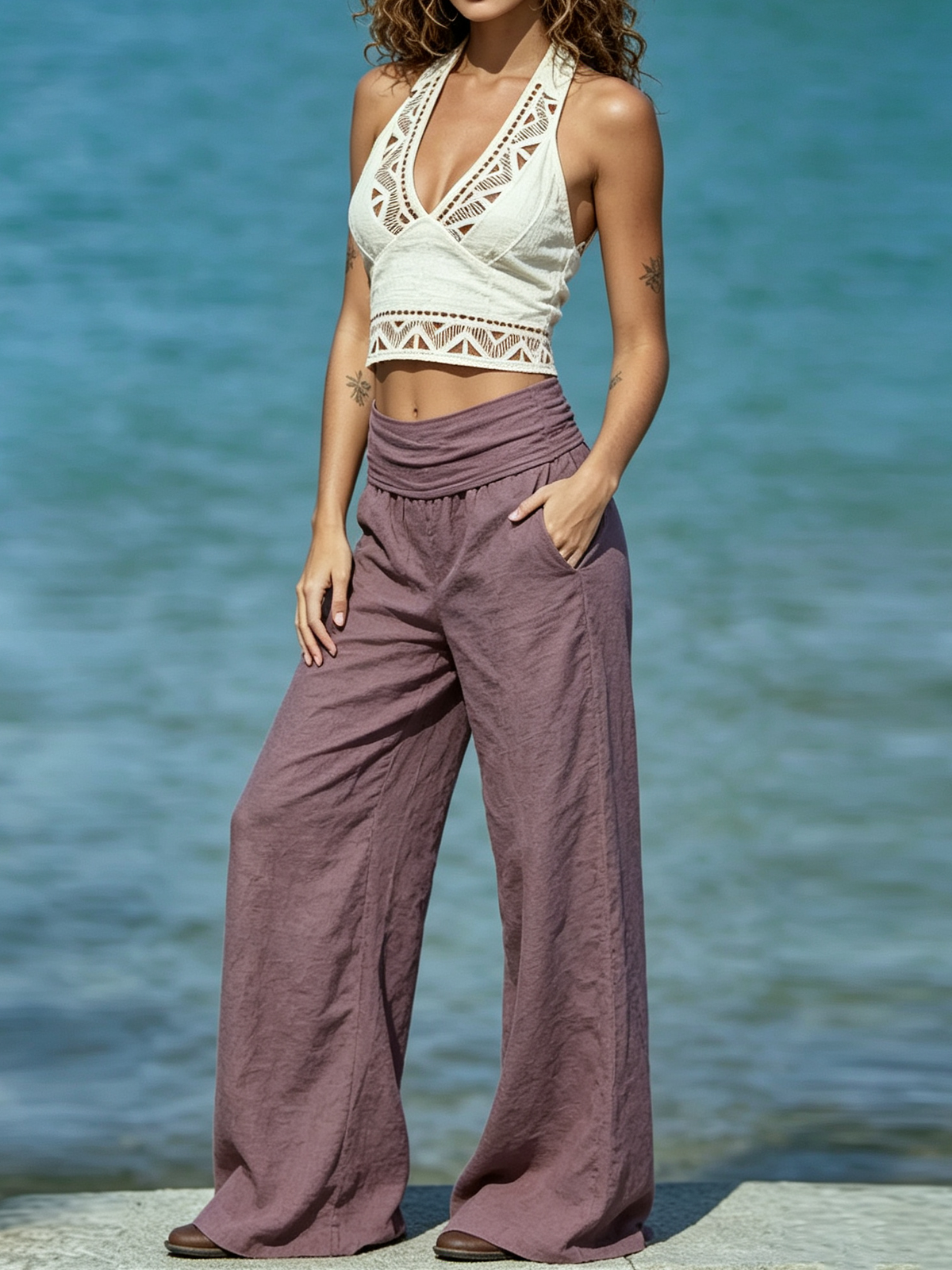 Bohemian Deep V Halter Neck Ethnic Print Cropped Top