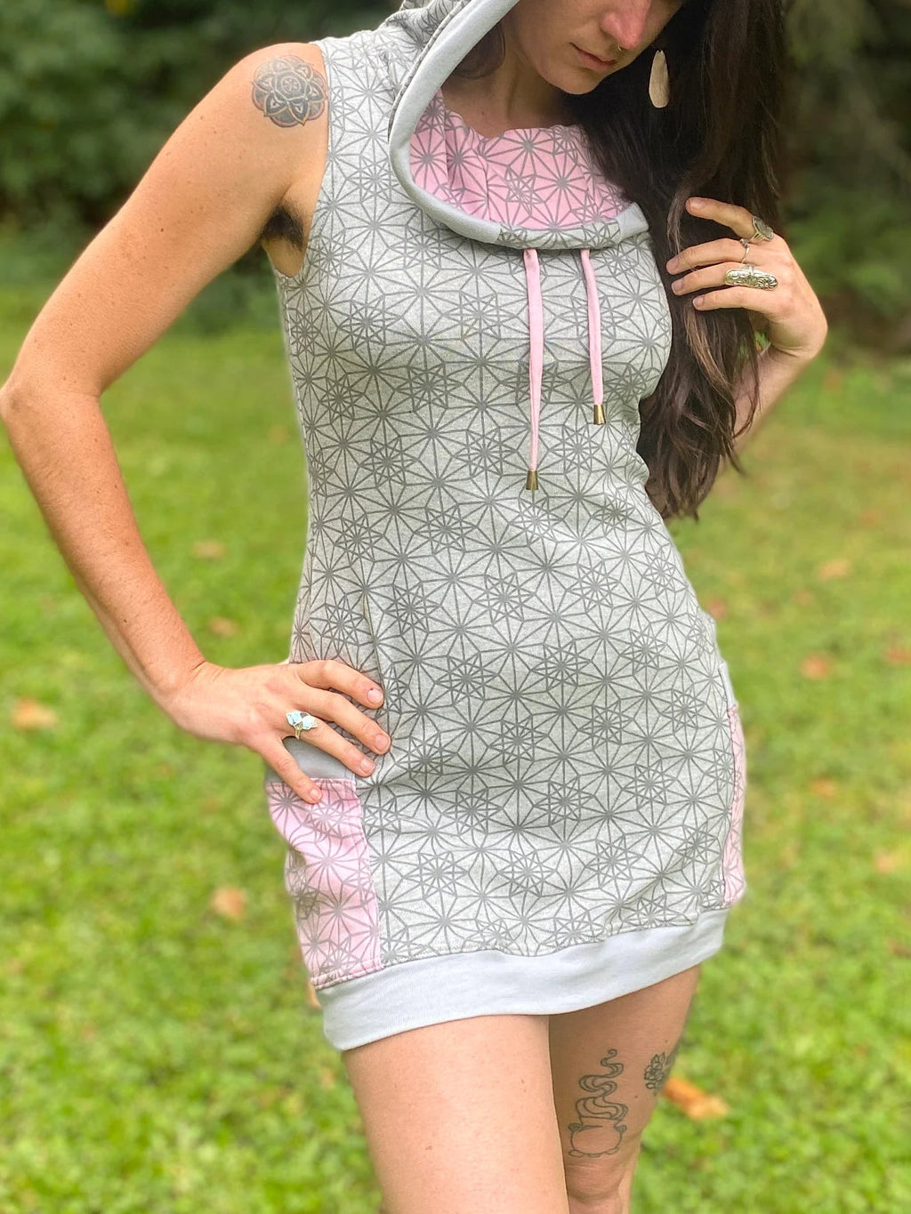 Organic Cotton Grey Cowl Hooded Dress with Pockets