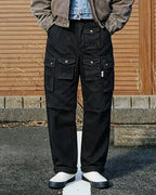Vintage Washed Black Multi Flap Pocket Wide Leg Military Utilitarian Cargo Pants